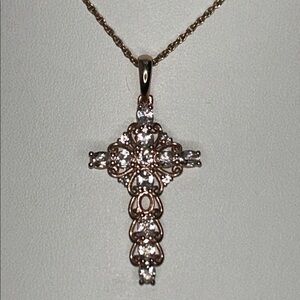 NWOT Rose Gold Plated Genuine Morganite Gemstone Designer Cross Necklace Boho